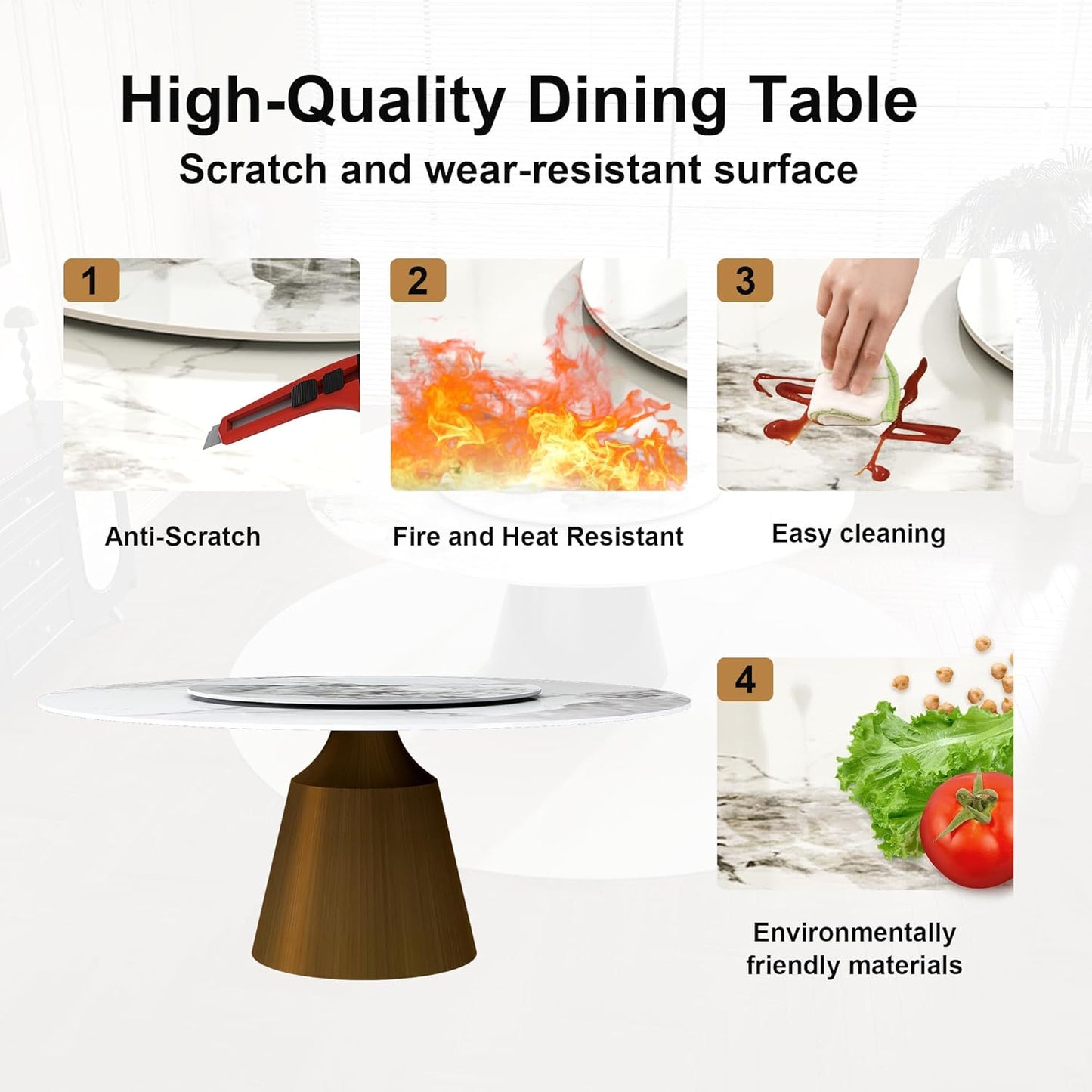 Montary 59" Modern Artificial Marble Round Dining Table with Bronzed Stainless Steel Cone Base & 31.5" White Sintered Stone Turntable, Dining Room Table with Lazy Susan for 6-8 (Only Table)