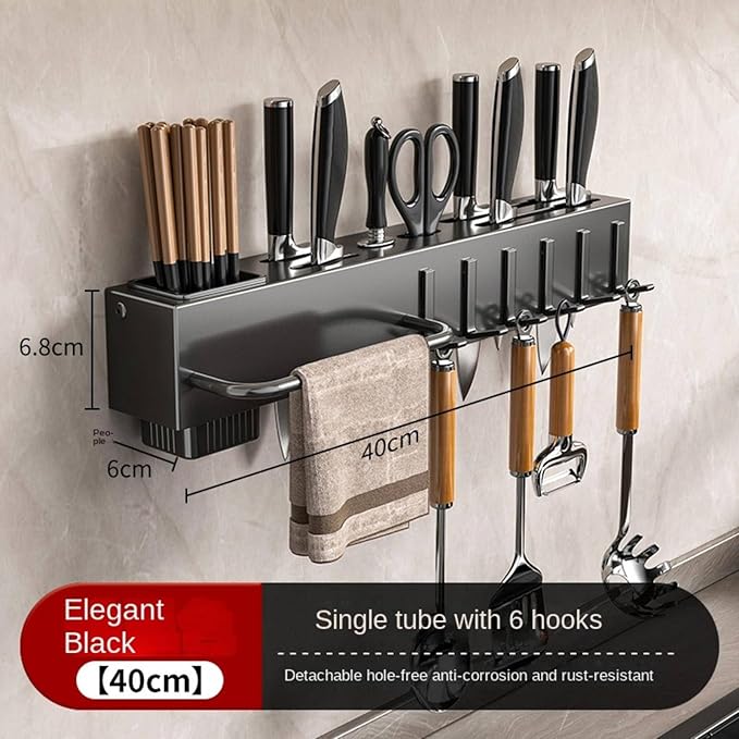 New Multi-Functional Kitchen Rack Home Wall-Mounted Knives Chopstick and Spoon Storage Rack Punch-Free cookware draining Rack, 30, Gray