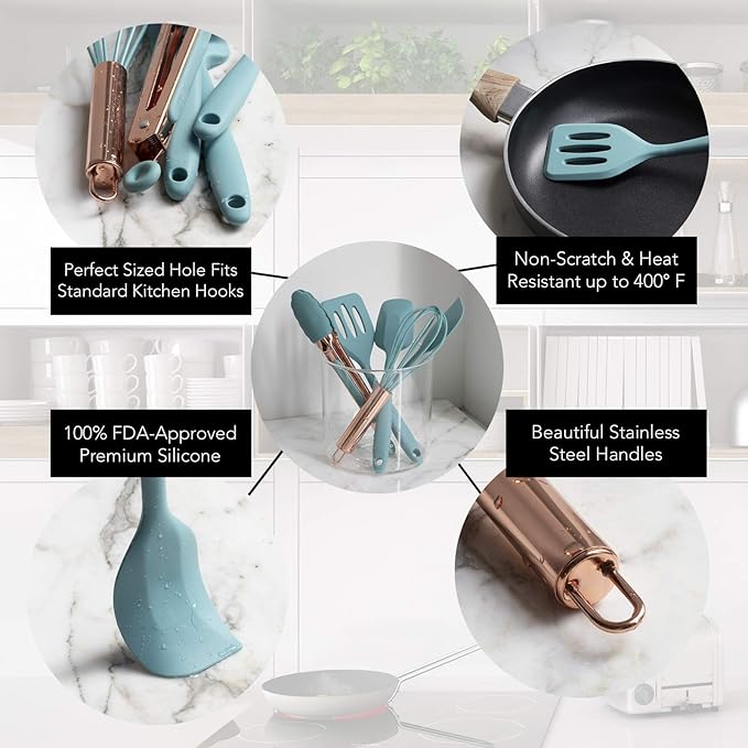 COOK WITH COLOR Silicone Cooking Utensils, Kitchen Utensil Set, Easy to Clean Silicone Kitchen Utensils, Cooking Utensils for Nonstick Cookware, Kitchen Gadgets Set, Mini, Aqua