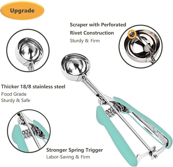 Cookie Scoop, Ice Cream Scoop, 0.8Tbsp/2.5tsp/12.5ml/0.5oz Cookie Scoops for Baking, 18/8 Stainless Steel Cookie Scooper for Baking, Cookie Dough Scoop, Ice Cream Scooper with Trigger Release(Mint)