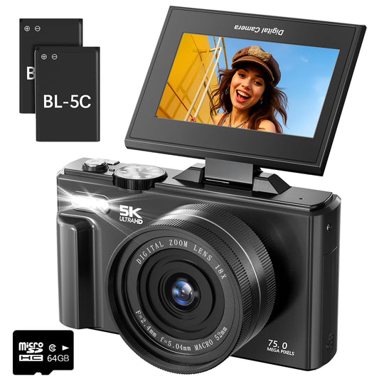 5K Digital Camera for Photography - 75MP Autofocus Vlogging Camera for YouTube with 64GB SD Card, WiFi, 18X Zoom 3" 180° Flip Screen Compact Travel Camera with 2 Batteries for Teens and Beginner