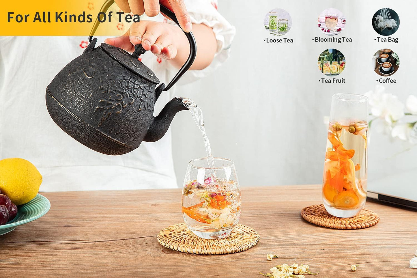 TOPTIER Japanese Cast Iron Tea Kettle with Infuser, Leaf Design Teapot Stovetop Safe Coated with Enameled Interior for 32 Ounce (950 ml), Dark Green