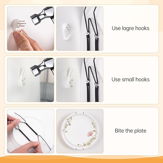 Bilillo 3-Piece Stainless Steel Wall Plate Hangers, 4/6/8 Inch Invisible Decorative Wire Plate Holders with 3 Pieces Wall Hooks for 4 to 10 Inch (Black)