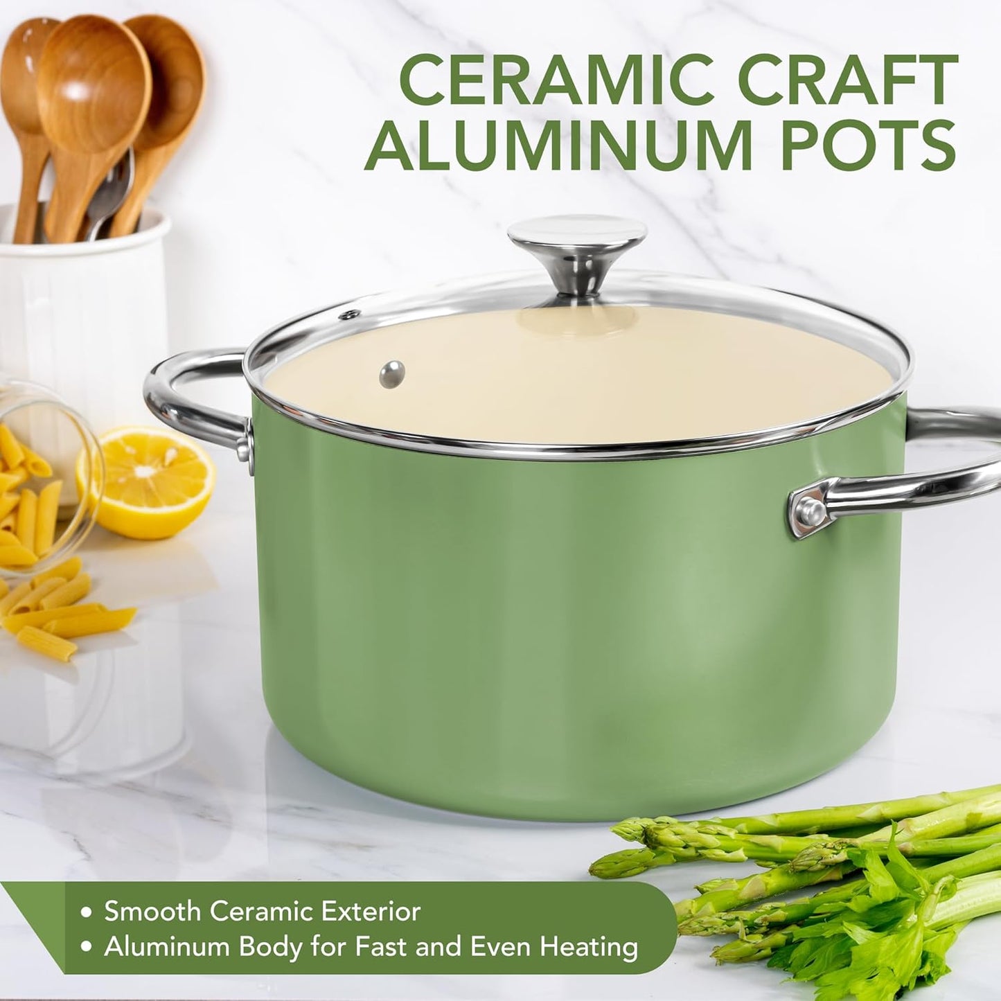 MICHELANGELO Stock Pot with Lid, 6 Quart Cooking Pot with Ceramic Coating, Nonstick Ceramic Soup Pot with Lid, Induction Compatible - 6QT Stockpot, Green
