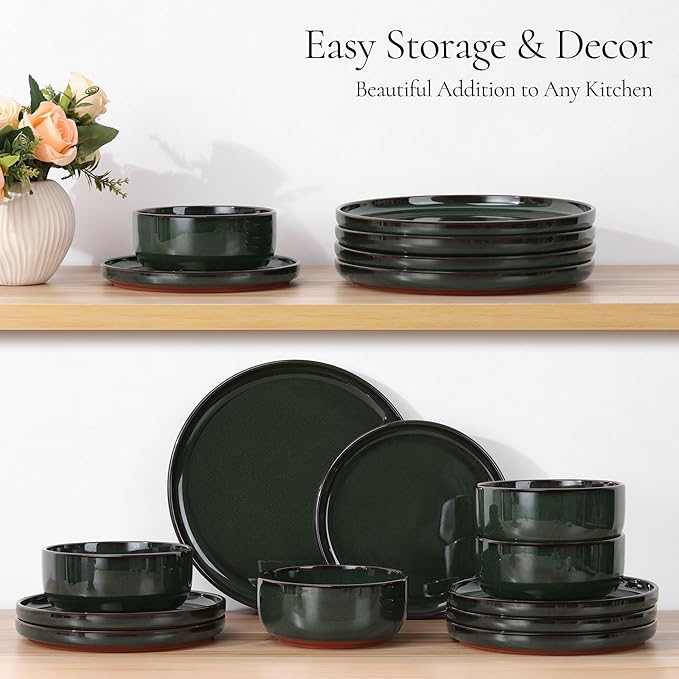 E-far Stoneware Dinnerware Sets for 6, 18 Pieces Reactive Glaze Plates and Bowls Sets, Elegant Dishes with Rustic Terracotta Clay Base, Dishwasher & Microwave Safe, Scratch Resistant, Blackish Green