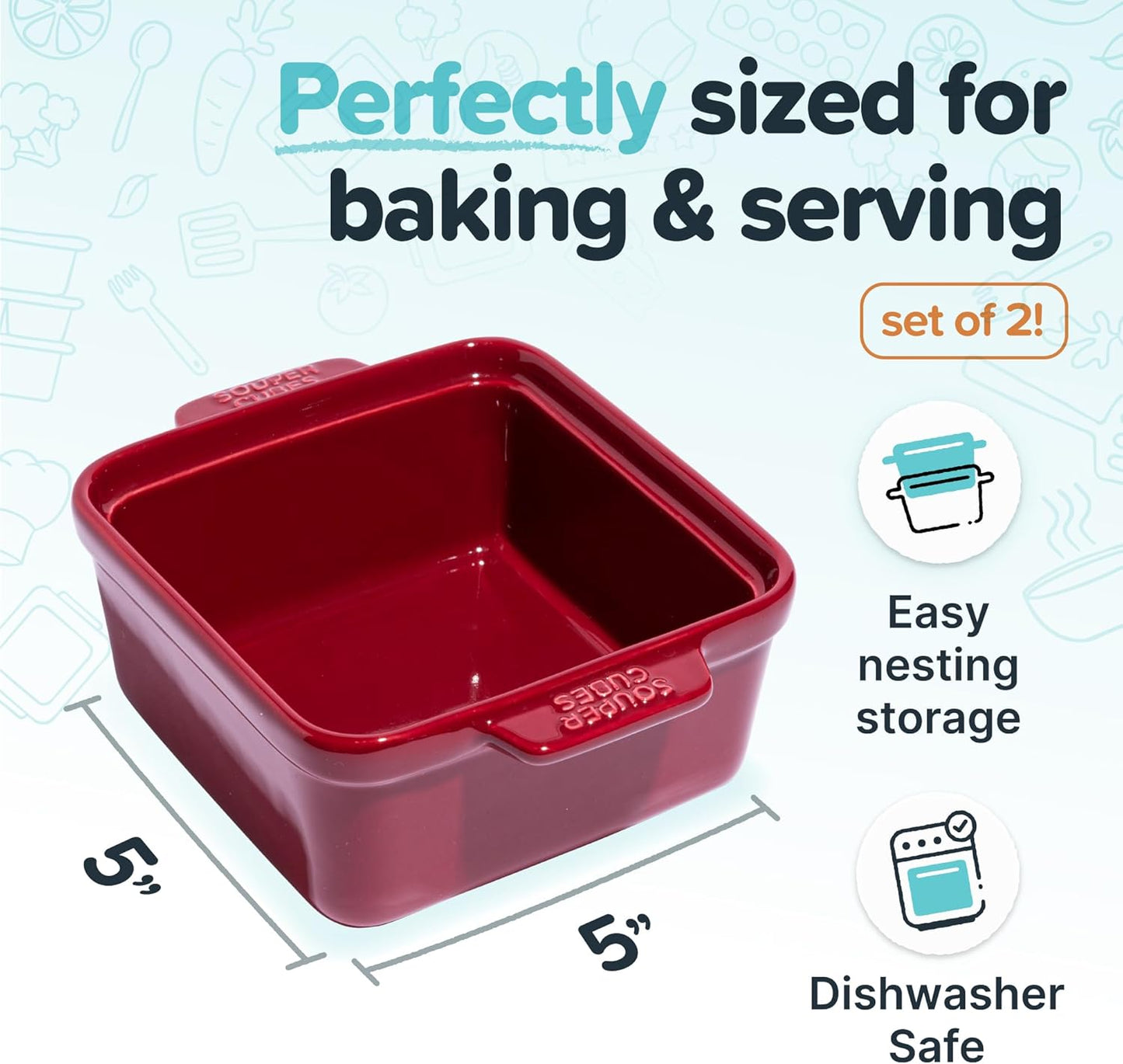 Souper Cubes Stoneware - 5" x 5" Baking Dishes for Oven with Silicone Covers, Premium Mini Ceramic Baking Dishes, Perfect for Reheating Individual Portions in Oven or Microwave, Set of 2 - Cranberry