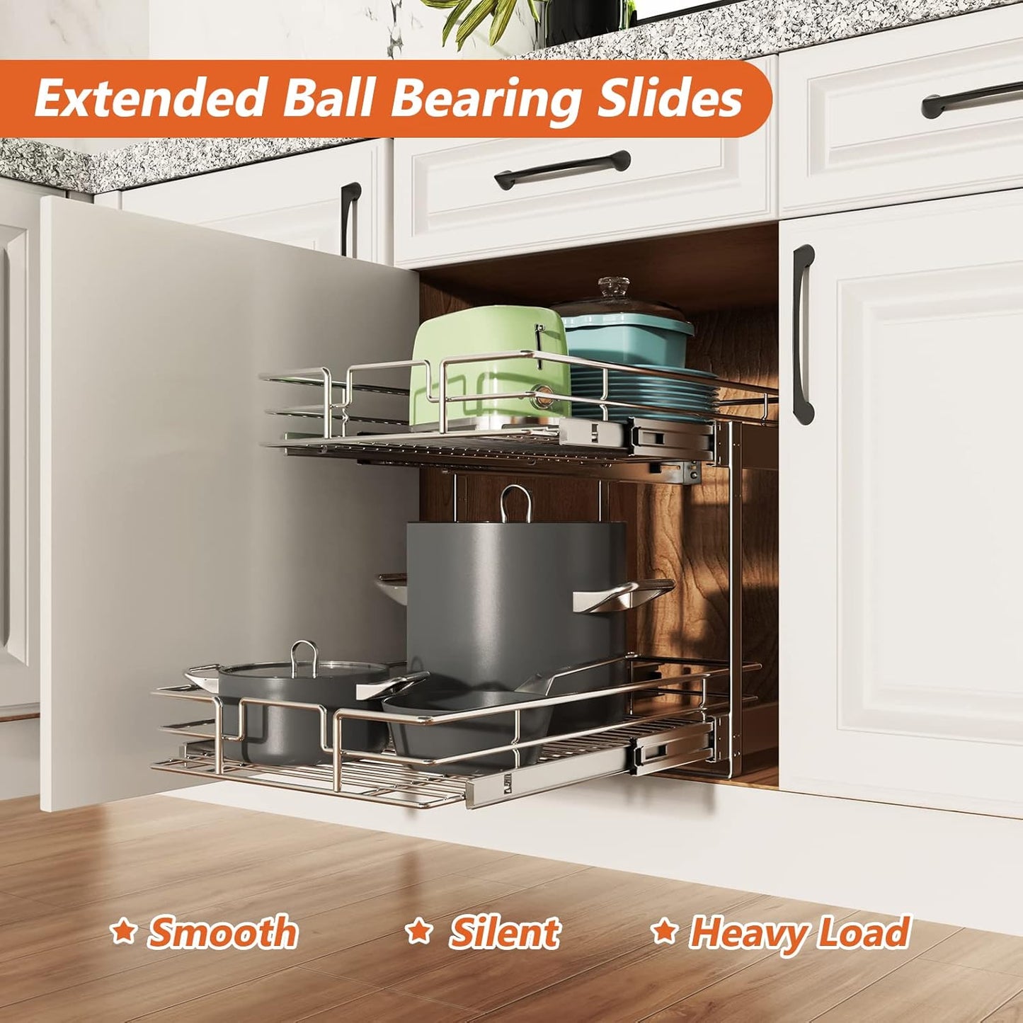 ROOMTEC Individual Pull Out Cabinet Organizer (11" W x 18" D), 2 Tier Spice Rack Organizer for Cabinet, Slide Out Drawer Pantry Shelf Organization and Storage for Kitchen Bathroom
