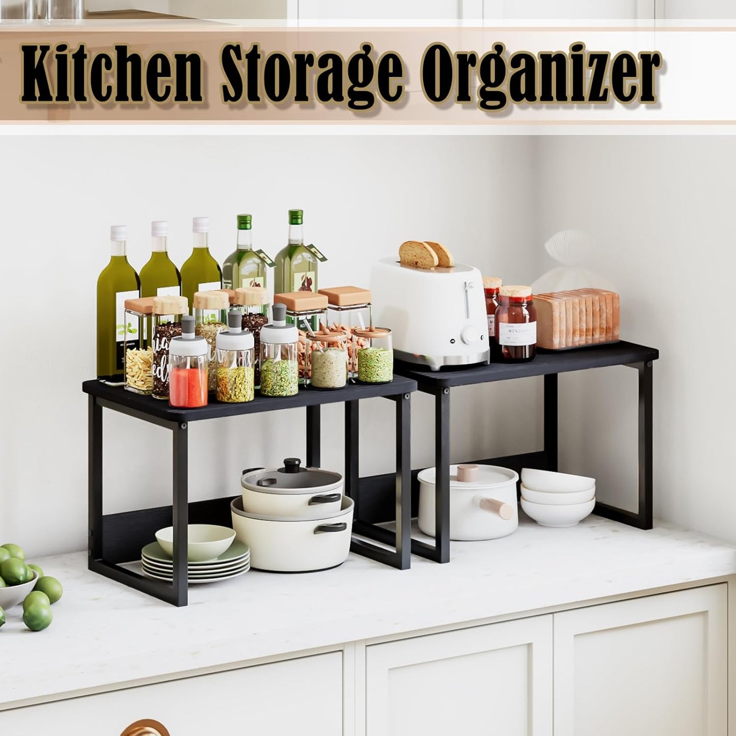 MARTY Kitchen Countertop Organizer Cabinet Shelf, 17x12.4 Large Spice Racks Counter Shelf Microwave Oven Rack Desktop Storage Organization for Kitchen, Office, Metal & Wood, Black