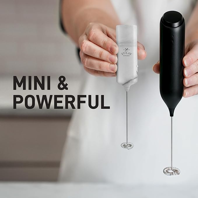 Mini & Mighty Milk Frother Wand – Powerful Handheld Coffee Frother, Battery Operated Drink Mixer – Compact Pocket Size – Detachable Whisk for Latte, Cappuccino, Matcha, Hot Chocolate – White Marble