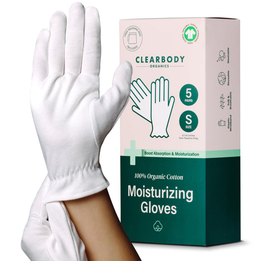 Clearbody Organics White Organic Cotton Gloves 5 Pairs (10 Pcs) – 100% Organic Cotton Gloves for Dry Hands –Reusable Moisturizing Gloves for Cracked Hands Repair (Medium)