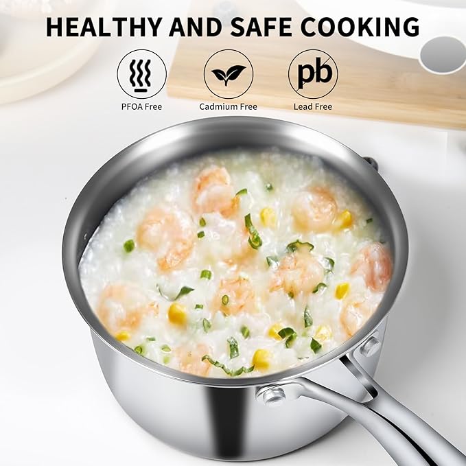 EWFEN 3 Ply Stainless Steel Saucepan with Lid, 2 Quart Multipurpose Cooking Pot, Stay-Cool Handle, Induction Oven Dishwasher Safe, 2 QT