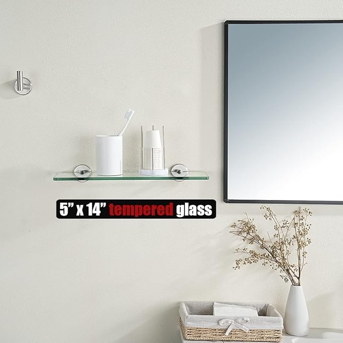 JQK Bathroom Glass Shelf, Tempered Glass Shower Storage 14 by 5 inches, 304 Stainless Steel Brushed Finish Wall Mount, TGS101L14-BN