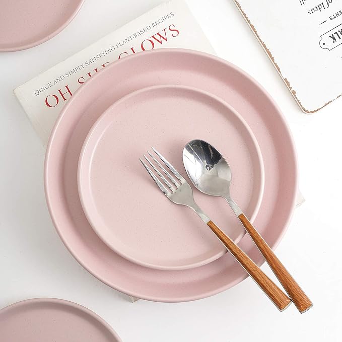 Stone Lain Albie Stoneware 16-Piece Modern Dinnerware Set, Kitchen Plates and Bowls Sets, Dish Set for 4, Pink