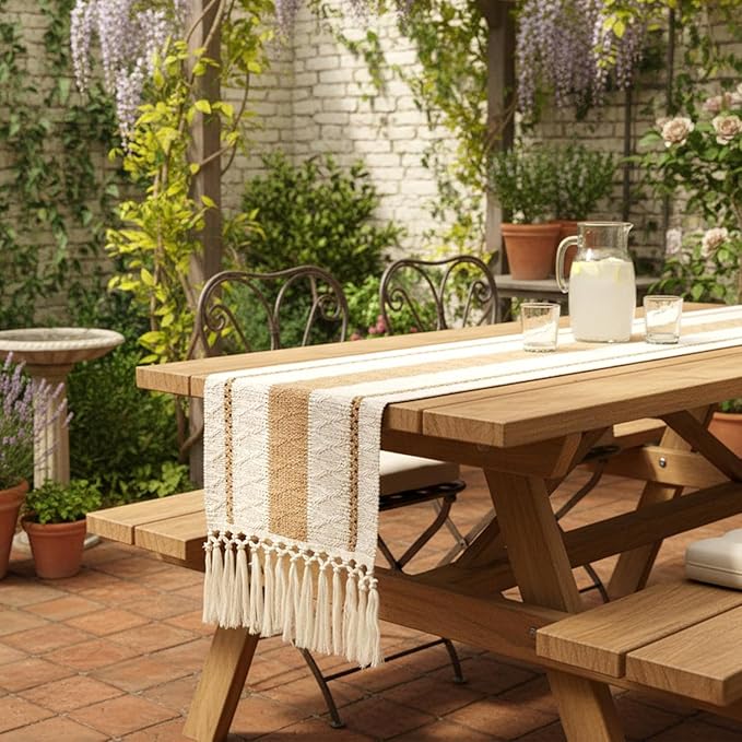 FEXIA Boho Table Runner for Hoilday Spring Home Decor with Tassels Pottery barn Furniture Farmhouse Rustic Macrame Burlap Table Decoration for Living Room (12x36 Inches)