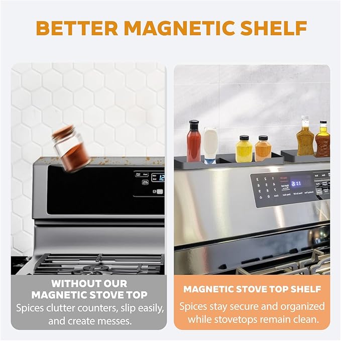 30 Inch Magnetic Silicone Stove Top Shelf, Heat Resistant Spice Rack for Kitchen, Space Saving Organizer with 6 Sticky Pads, Fits Back of Stove(Light Grey 30''x3.8'')
