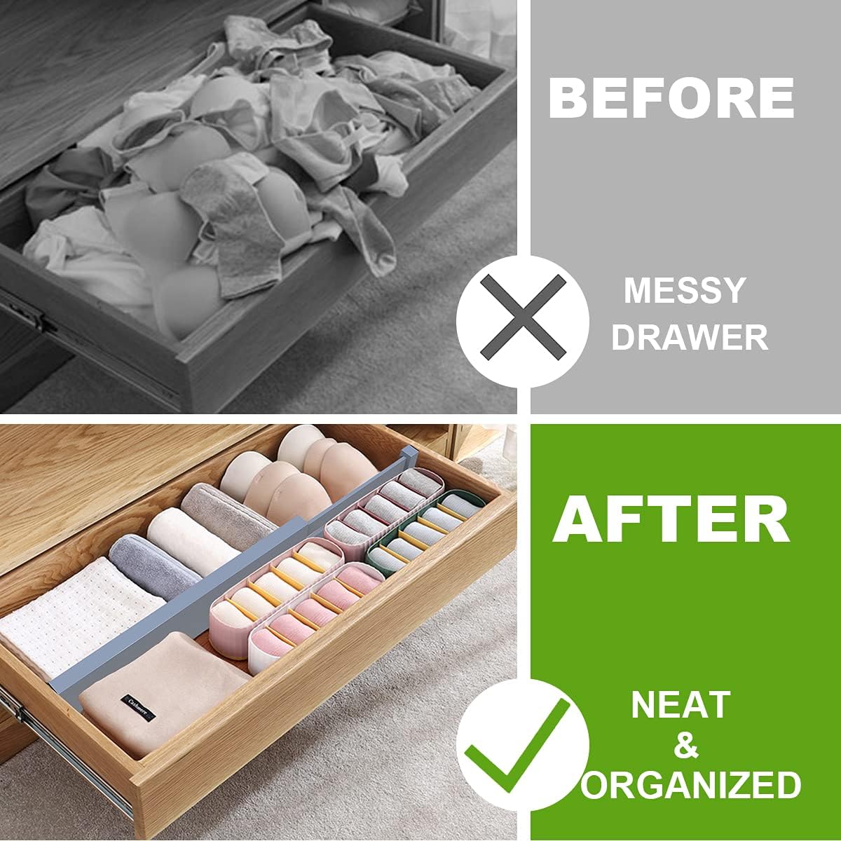 ANTOWIN Bamboo Drawer Dividers Organizers, Expandable Drawer Separators Splitter,17-22 inches Long Adjustable Spring-loaded Organizer for Large Utensil, Clothes, Tools Drawers (Grey)
