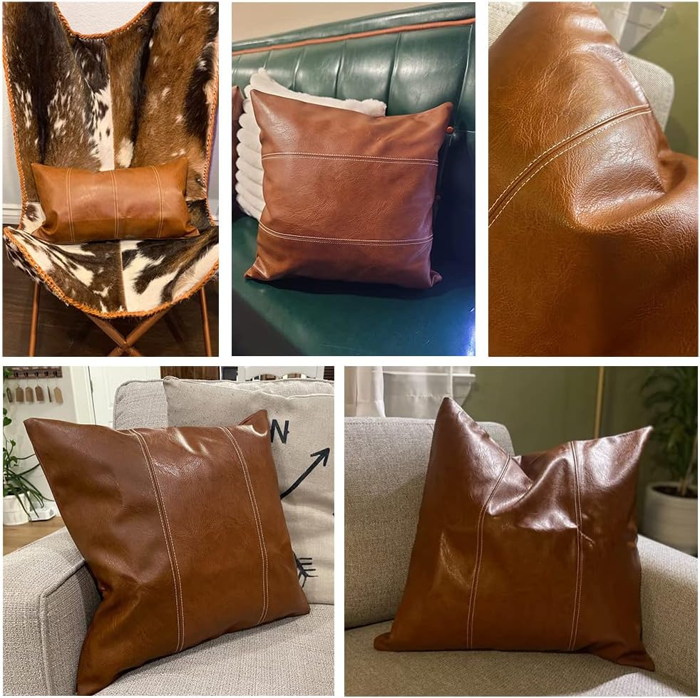 Fancy Homi Brown Boho Long Lumbar Faux Leather Decorative Throw Pillow Covers 12x24 Inch for Living Room Couch Bed Sofa, Hand Stitched Rectangle Cushion Case, Rustic Modern Farmhouse Home Decor
