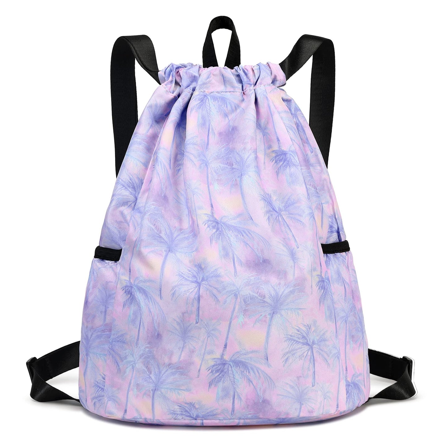 Ryushoyo Drawstring Backpack for Girls Women Lgihtweight Large Travel Bags Sport String Bag Sackpack for Gym Shopping Yoga Bag Coconut Tree Pink