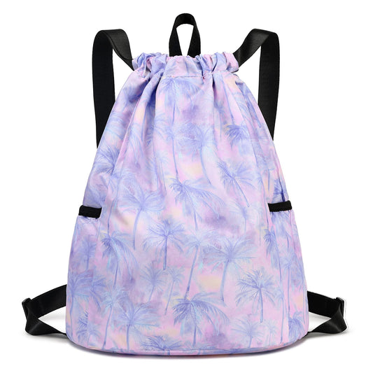 Ryushoyo Drawstring Backpack for Girls Women Lgihtweight Large Travel Bags Sport String Bag Sackpack for Gym Shopping Yoga Bag Coconut Tree Pink