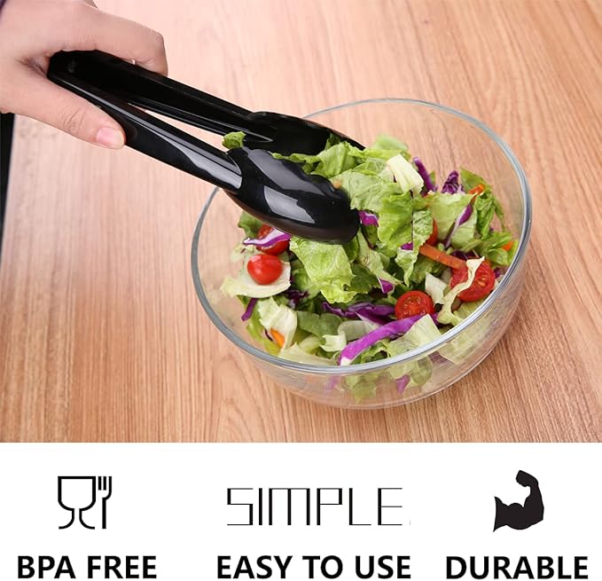 40 Pieces Plastic Salad Tongs, Black Kitchen Serving Tongs, 9 Inch Disposable Utensils Set, Heavy Duty Scalloped, Perfect for Buffets and BBQ, Food Safe Material
