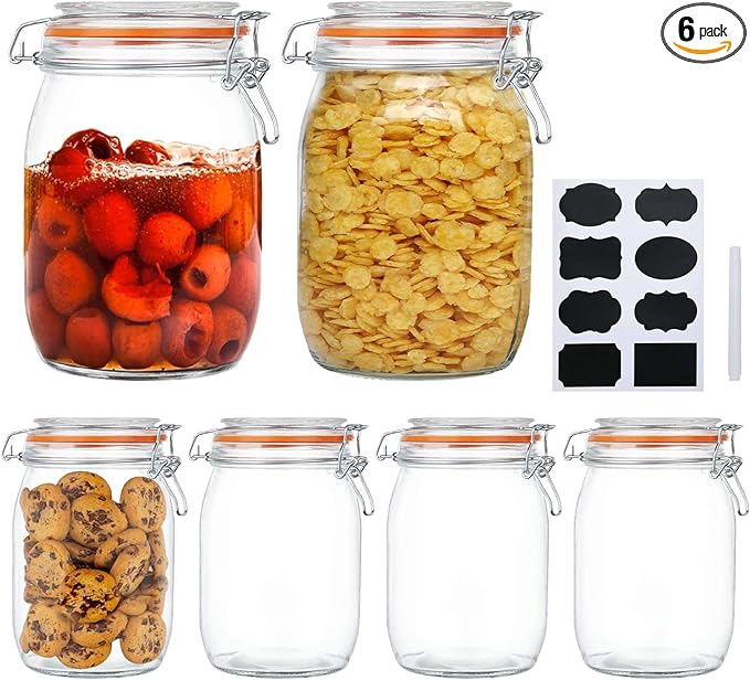 Glass Jars 32oz,Airtight Glass Food Storage Jar with Clamp Lid,1000ml Rounded Airtight Canister with Leak Proof Rubber Gasket,Clear Glass Kitchen Jars for Dry Food,Cereal,Beans,6 Pack