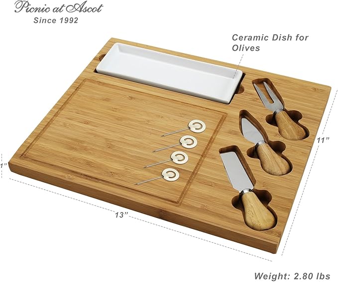 Custom Personalized Engraved Bamboo Cutting Board for Cheese & Charcuterie with Ceramic Dish, Knife Set & Cheese Markers -by Picnic at Ascot USA