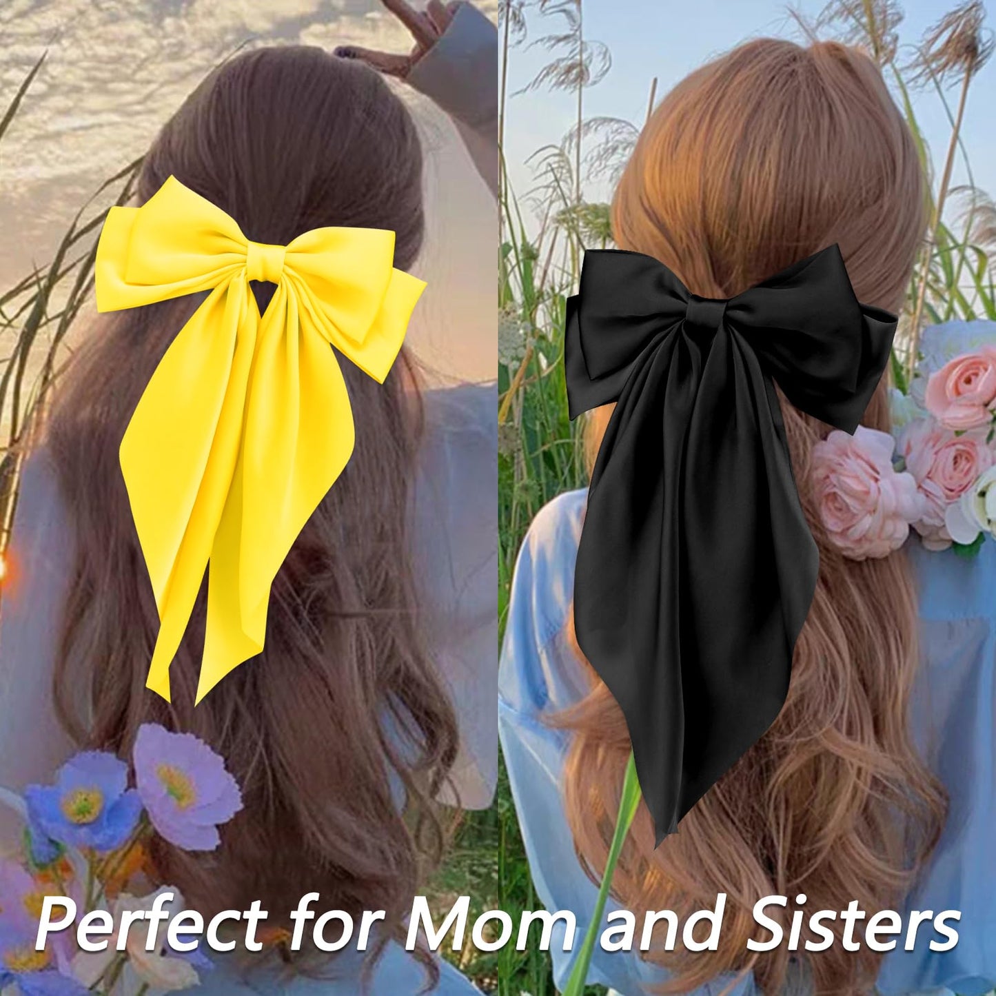 Velscrun Black White Bright Yellow Yellow Hair Bows for Women Girls, Silky Satin Large Coquette Bow, Oversized Hair Ribbons 4Pcs Big Bows Clip Long Tail Bowknot Hair Barrettes Bow Accessories