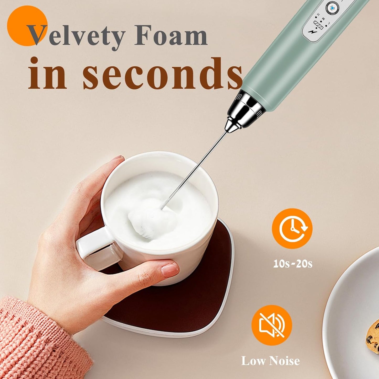 Milk Frother Handheld Rechargeable, Frother Wand Drink Mixer Electric Whisk for Coffee, Detachable With 3 Stainless Whisks, Hand Mixer for Lattes, Cappuccino, Matcha, No Stand, Sage Green