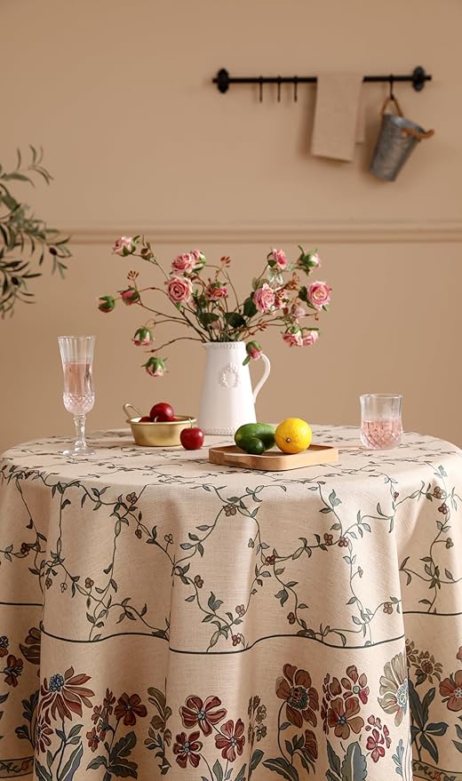 patdrea Designer Vintage Linen Round Table Cloth,Durable Breathable Floral Tablecloth,Dacorative Table Covers for Kitchen Dining Tea Party,Holiday,Christmas,Thanksgiving,Diameter 55"-Oliveirad