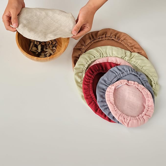 100% Pure Linen Bowl Covers For Bread Proofing, 4 Pcs Elastic Reusable Solid Color Cloth Fabric Bowl Covers,XL Organic Washable Large Stretch Sourdough Lids 6 * 8 * 10 * 12 Inches, Blue