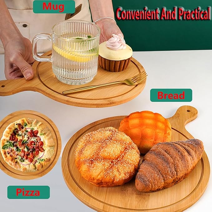 6 Pack Pizza Board Set – Premium Wooden Pizza Plates for Serving & Cutting, Round Bamboo Pizza Plate with Handle, Durable & Lightweight for Home & Restaurant (Up to 13 Inches),10inch