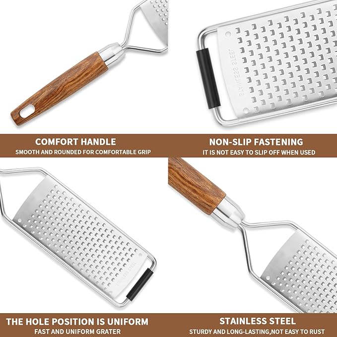 Professional Cheese Grater Stainless Steel,Multi-Purpose Grater With Wood Handle for Cheese, Ginger, Lemon, Garlic, Nutmeg,Fruits,Chocolate & Spices-Wideboard (fine)