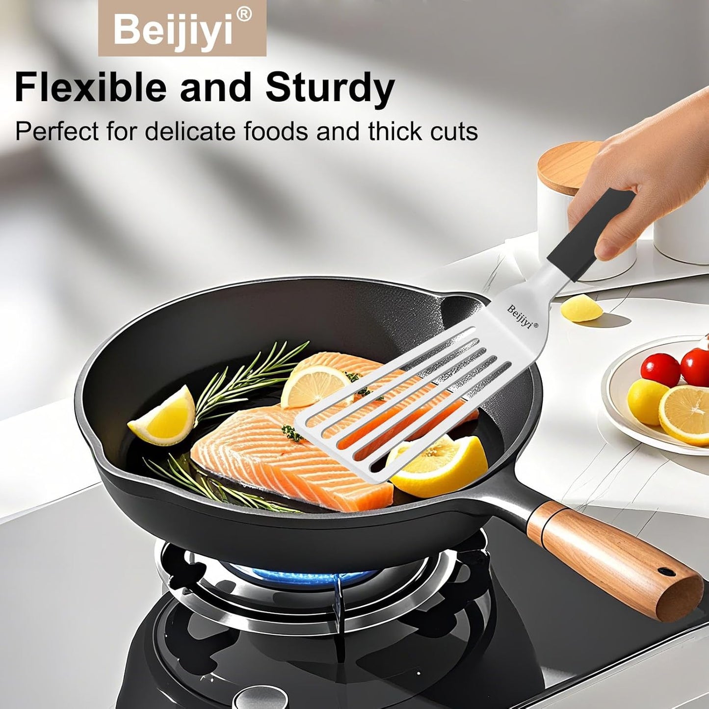 Beijiyi 2 Pack Fish Spatula Set, Stainless Steel Slotted Turner for Flipping Fish, Egg, Burgers, Metal Spatulas for Kitchen and Grilling Thickened Cooking Utensils with Silicone Handle, 13.3" & 11.3"