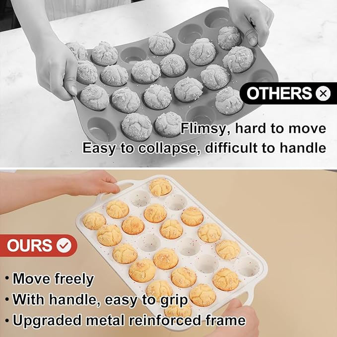 CAKETIME Mini Muffin Pan, Metal Reinforced Frame Mini Cupcake Pans 24 Cups Nonstick Muffin Silicone Molds with Handle for Baking Muffins, Cupcakes, Egg Bites 2 Pack