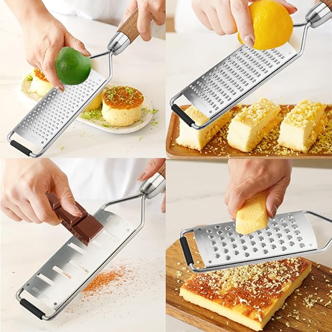 Professional Cheese Grater Stainless Steel,Multi-Purpose Grater With Wood Handle for Cheese, Ginger, Lemon, Garlic, Nutmeg,Fruits,Chocolate & Spices-Wideboard (Round)
