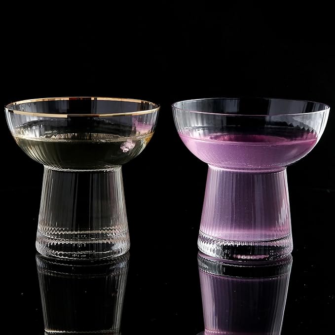 Lysenn Stemless Margarita Glasses Set of 4 - Elegant Vertical Stripes Cocktail Glasses – Premium Hand Blown Glassware for Martini and Mixed Drinks – 10 oz Gold Rim