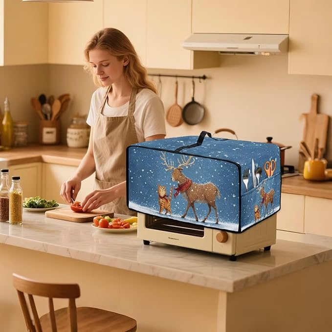 Air Fryer Toaster Oven Dust Cover Countertop Microwave Dust Cover Protector, Compatible with Convection Oven, S, 14.5 x 18.5 x 9 Inches, Reindeer Cat Christmas Decor