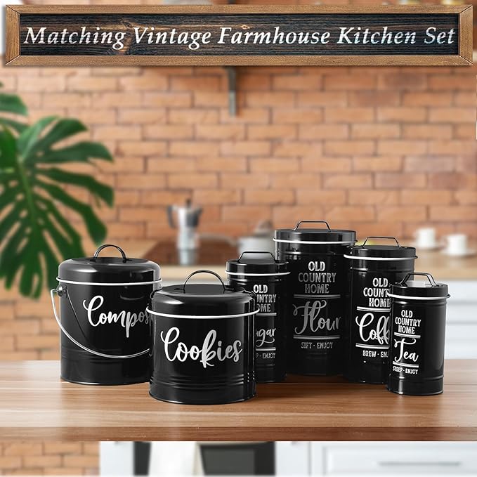 DAYYET Farmhouse Cookie Jar for Kitchen Counter, 1 Gallon Vintage Cookie Jar with Airtight Lid, Large Food Storage Container for Candy, Cookies, Dessert, Black Kitchen Decor and Accessories