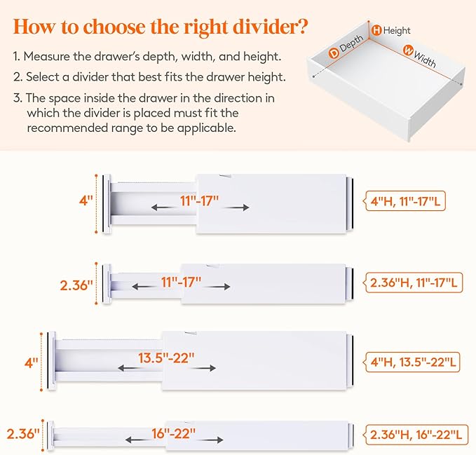 Lifewit 10 Pack 4" High Drawer Dividers 28-43.5cm/11-17" Adjustable Drawer Organizer for Clothes/Utensils, Expandable Drawer Separator in Dresser/Kitchen/Bedroom/Office Organization & Storage White