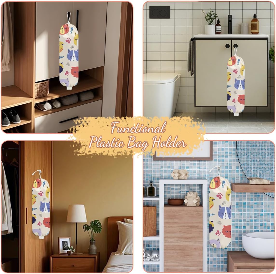 Cat Plastic Bag Holder, Wall Mount Grocery Bag Holder, Plastic Storage bag, Pull Rope Free Adjustment, Plastic Bag Holders for Grocery Bags, Plastic Bag Dispenser for Home Kitchen Camping