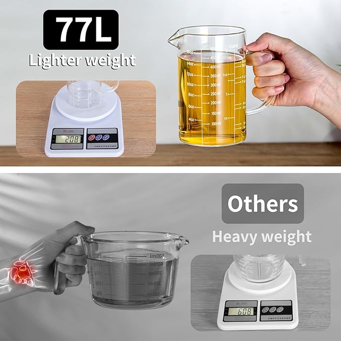 77L 3 Pack Glass Measuring Cup Set (1 1/4, 2 & 4 Cup) [Insulated handle, V-Shaped Spout], High Borosilicate Liquid Glass Measure Cup for Kitchen, Easy To Read, Dishwasher, Freezer, and Microwave Safe