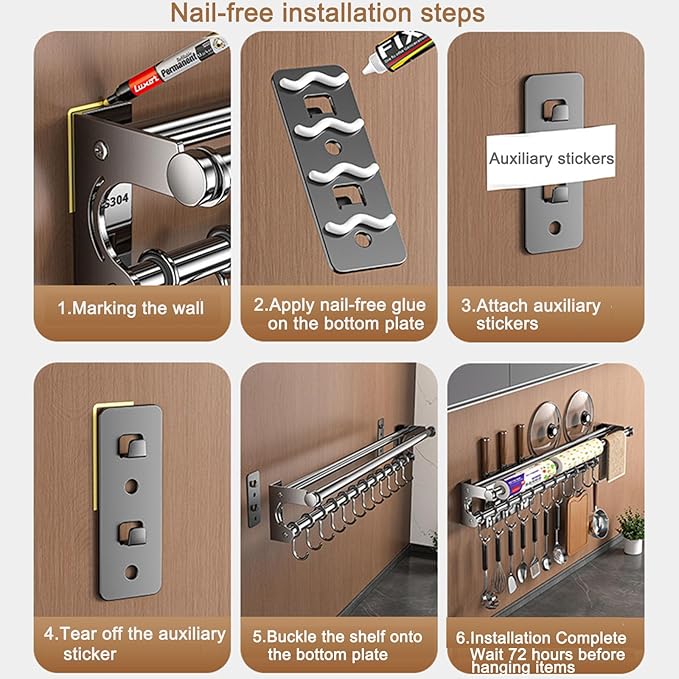 Hanging Wall Mount Knife Wall Mount,Kitchen Utensil Hanger,Space-Saving Kitchen Utensil Rack with Hooks,Kitchen Storage Shelf for Utensils Spatula Spoon, Easy to Clean (Black, 50CM+10Hook)