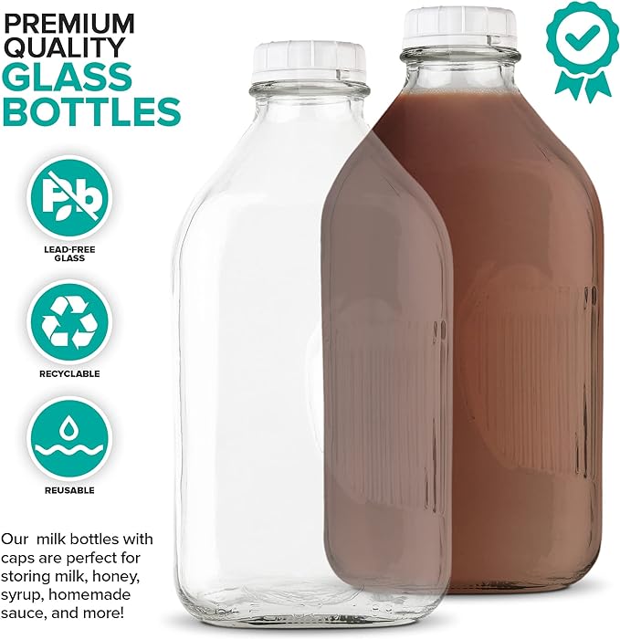 Stock Your Home Half Gallon Glass Milk Bottle with Lid (3 Pack) 64 Oz Jugs and 6 White Caps, Reusable Food Grade Milk Container for Refrigerator, Bottles for Juice, Oat or Plant Milks, Water, Honey