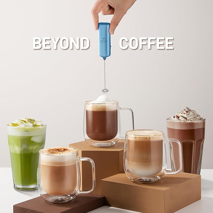 Mini & Mighty Milk Frother Wand – Powerful Handheld Coffee Frother, Battery Operated Drink Mixer – Compact Pocket Size – Detachable Whisk for Latte, Cappuccino, Matcha, Hot Chocolate – Metallic Blue