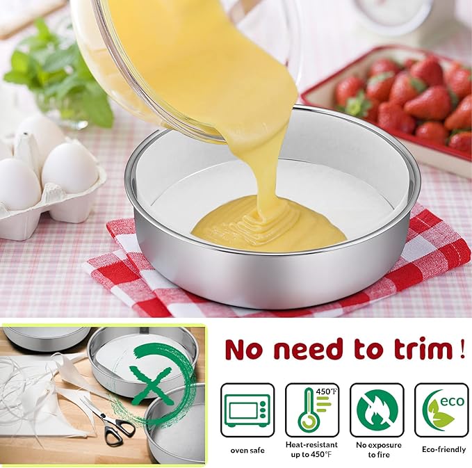 8 Inch Cake Pan Set of 3, E-Far Stainless Steel Round Layer Cake Baking Pans with Parchment Rounds & Side Liner Roll, Non-Toxic & Healthy Metal Cakes Tin, Straight Side & Dishwasher Safe