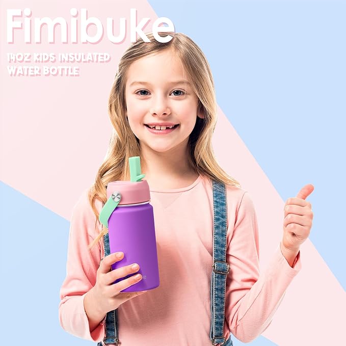 Fimibuke Kids Insulated Water Bottle - 14oz BPA-FREE 18/8 Stainless Steel Travel Tumbler Leak Proof Double Wall Vacuum Kids Cup with Straw Metal Water Bottle for School Boys Girls (1 Pack, Candy)