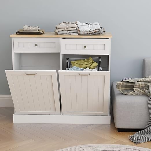 RASOO Double Tilt Out Trash Can Cabinet Freestanding Wooden Kitchen Garbage Trash Can Cabinet with Wood GrainTabletop and 2 Drawers