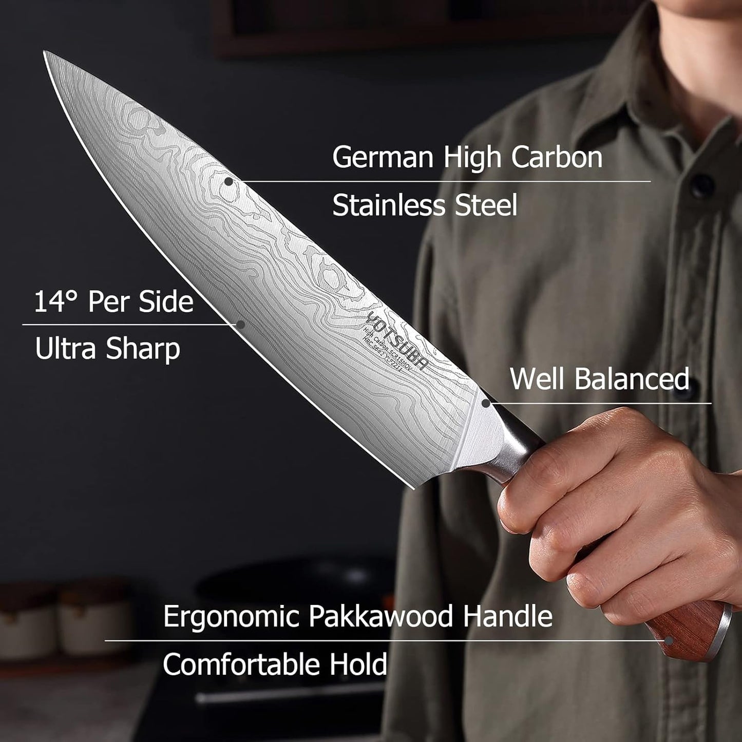 YOTSUBA Chef Knife-8 Inch Japanese Gyuto Kitchen Knife Chef’s Knife German High Carbon Stainless Steel Ergonomic Handle Essentials Sharp Gifts for Mom&Dad With Premium Gift Box