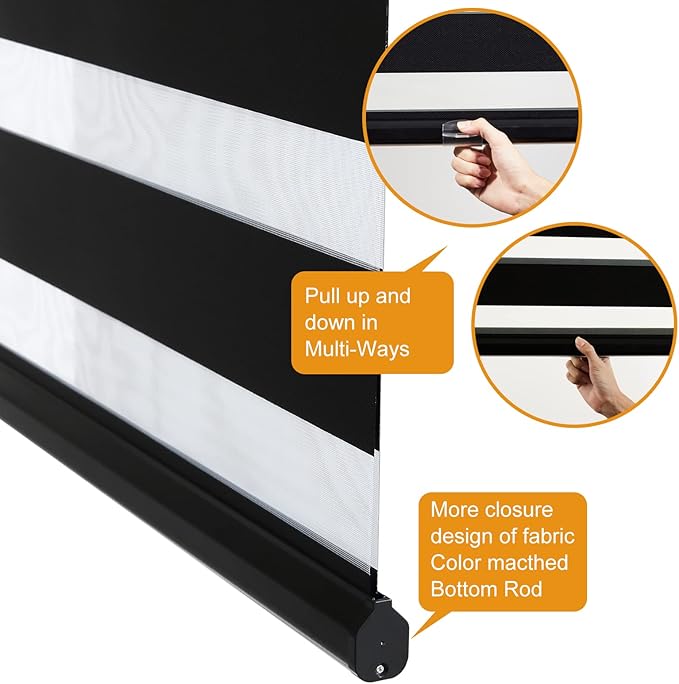Persilux Cordless Zebra Shades (47" W X 72" H, Black) Free-Stop Window Shades Dual Layer Light Control for Day and Night, Light Filtering Sheer Blinds for Windows, Easy to Install