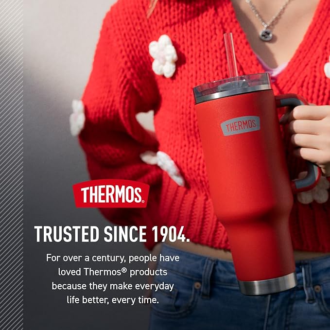 THERMOS Stainless Steel Cup Holder Mug - 40 Ounce, Glacier - Insulated Tumbler with Lid and Straw, Plus Leak-Resistant Slide Lock